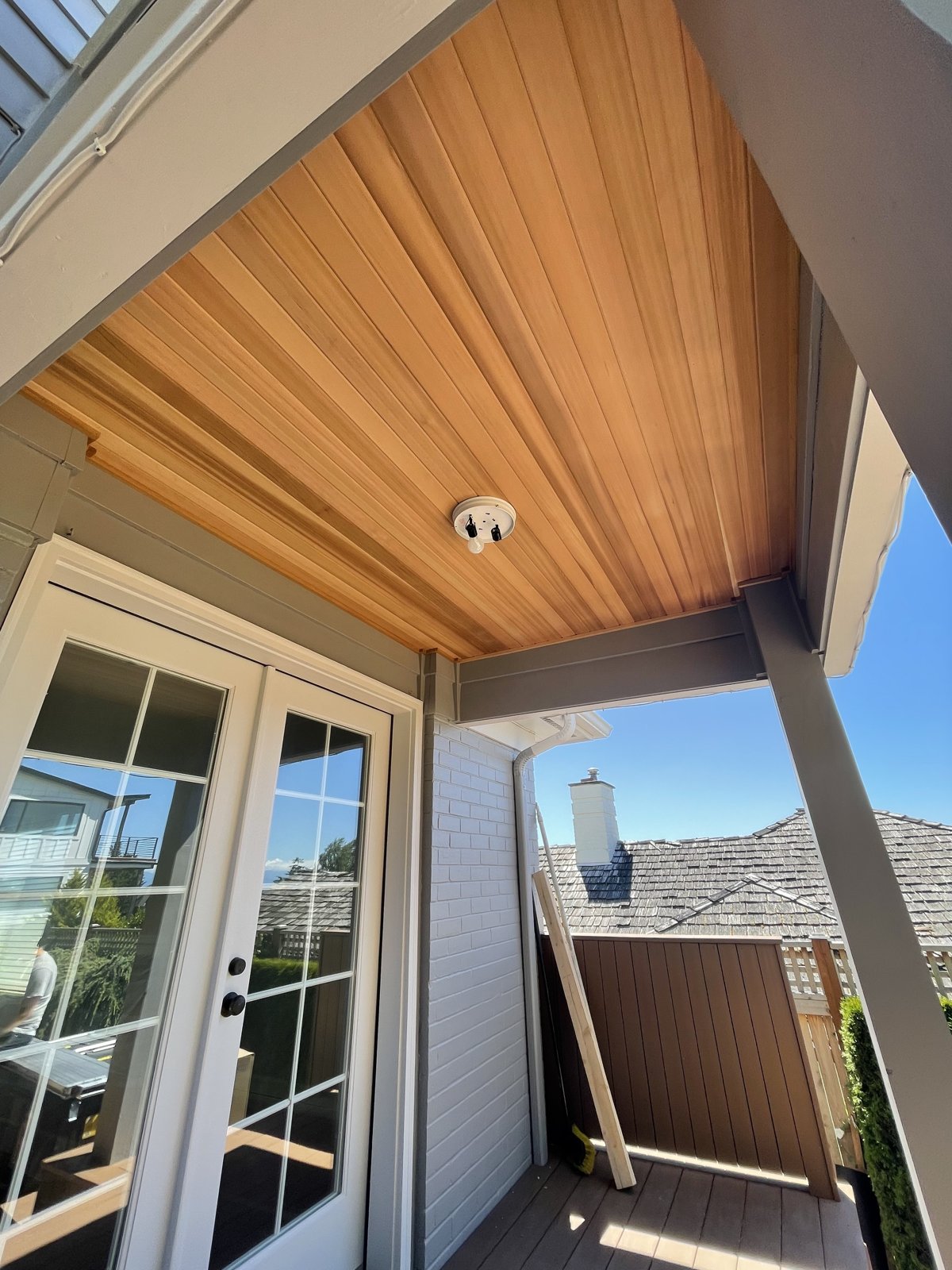 Cedar tongue-and-groove patio cover ceiling detail